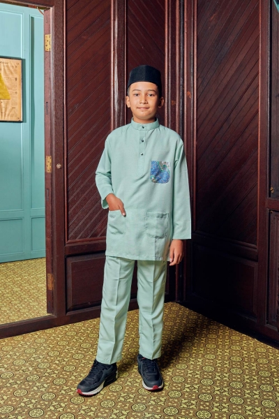 Baju Melayu Batik Kids in Mint Green